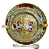 Vintage Nippon Hand-Painted Sugar Bowl with Lid, Saucer and Spoon