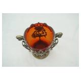 Vintage Red Glass Vase w/Copper Alloy Metal Stand: USSR 1970s