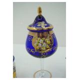 Vintage Venetian Cobalt Blue Enamel & Gold Gilt Chalice & Lid; Andrea by Sadek Teapot & 2 decorative ceramic canisters