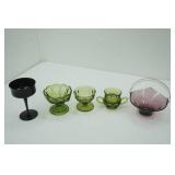 Vintage Anchor Hocking Fairfield Avocado Green Pieces, Viking Glass Purple Lilac Handkerchief Basket