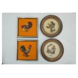 Vintage Framed Rooster Cross Stitch and Hummel Annual Plates