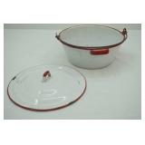 Vintage/Antique White Enamelware with Red Trim Pot and Lid