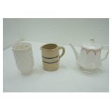 Vintage Independence Ironstone Teapot; Stoneware Pitcher; White Lattice Vase