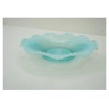 Antique Blue Opalescent Ribbed Spiral Ruffled Bowl