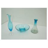 Vintage Empoli Glass Decanter; Hazel Atlas Capri Blue Salad Bowl; Crackle Glass Vase Blue Ombre