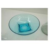 Vintage Empoli Glass Decanter; Hazel Atlas Capri Blue Salad Bowl; Crackle Glass Vase Blue Ombre