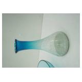 Vintage Empoli Glass Decanter; Hazel Atlas Capri Blue Salad Bowl; Crackle Glass Vase Blue Ombre
