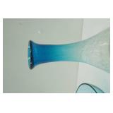 Vintage Empoli Glass Decanter; Hazel Atlas Capri Blue Salad Bowl; Crackle Glass Vase Blue Ombre