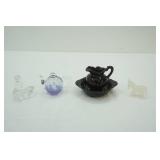 Black Ceramic Mini Wash Basin and Pitcher; Princess House Crystal Seal w/Ball; Vintage Carved White Quartz Mini Donkey; Vintage Glass Floating Teapot