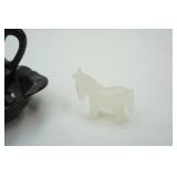 Black Ceramic Mini Wash Basin and Pitcher; Princess House Crystal Seal w/Ball; Vintage Carved White Quartz Mini Donkey; Vintage Glass Floating Teapot