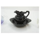 Black Ceramic Mini Wash Basin and Pitcher; Princess House Crystal Seal w/Ball; Vintage Carved White Quartz Mini Donkey; Vintage Glass Floating Teapot