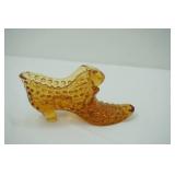 Vintage Fenton Amber Glass Shoe; Vintage Blue Pressed Glass Candy Dish; Vintage Amber Carnival Glass Relish Dish; Akro Agate Lily Vase