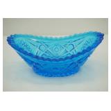 Vintage Fenton Amber Glass Shoe; Vintage Blue Pressed Glass Candy Dish; Vintage Amber Carnival Glass Relish Dish; Akro Agate Lily Vase