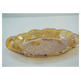 Vintage Fenton Amber Glass Shoe; Vintage Blue Pressed Glass Candy Dish; Vintage Amber Carnival Glass Relish Dish; Akro Agate Lily Vase