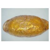 Vintage Fenton Amber Glass Shoe; Vintage Blue Pressed Glass Candy Dish; Vintage Amber Carnival Glass Relish Dish; Akro Agate Lily Vase