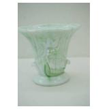 Vintage Fenton Amber Glass Shoe; Vintage Blue Pressed Glass Candy Dish; Vintage Amber Carnival Glass Relish Dish; Akro Agate Lily Vase