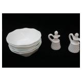Vintage Milk Glass Bowls (4ct)  & Fenton Hobnail Glass Cruets with Stoppers (2ct)