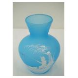 Vintage Westmoreland Blue Satin Vase; Hand-Painted Boy Fishing With Dog