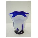 Vintage Cobalt Blue and White Art Glass Vase 9" tall by 8.5" wide