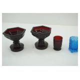 Vintage Avon Red Glass Pieces & Vintage Colonial/Fenton Blue Glass Footed Votive Holder
