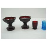 Vintage Avon Red Glass Pieces & Vintage Colonial/Fenton Blue Glass Footed Votive Holder
