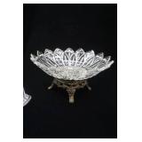 Vintage Crystal Compote w/Brass Footed Base; Vintage Footed Crystal Serving Bowl