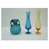 Vintage Frosted Art Glass Vase; Amber Long Stem Optic Vase; Blue Bud Vase