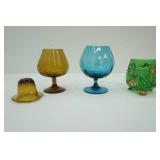 Antique Riverside Croesus Green Footed Gold Open Sugar Bowl; Vintage Aqua Blue Optic Glass Snifter