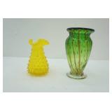 Vintage Watermelon Art Glass Vase; Hobnail Canary Yellow Glass Fluted Ruffled Top Vase