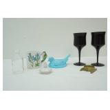 Vintage Blue Milk Glass Bird Box Lid; Black Ceramic Wine Goblets and More