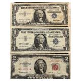 $1 Dollar Silver Certificates and $2 Dollar Note - 1 Star Note and 1 Uncirculated
