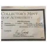 $100,000 Dollar 22K Gold Leaf Tribute Certificate