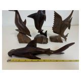 Hand Carved Hardwood Fish Sculptures - Dolphin, Marlin, Shark & Swordfish