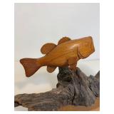 Signed Wood Fish Figure Mounted on Driftwood