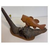Signed Wood Fish Figure Mounted on Driftwood