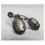 Vintage Carved Shell/Abalone & Sterling Silver Cameo Earrings