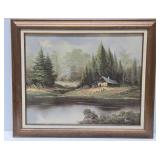 Vintage Framed Signed Oil on Canvas Landscape Painting w/Cabin on Lake - Signed J. Mills