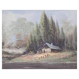 Vintage Framed Signed Oil on Canvas Landscape Painting w/Cabin on Lake - Signed J. Mills