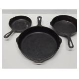 3 Old Vintage Cast Iron Skillets Including Erie/Griswold