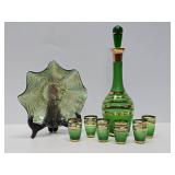 Excellent Vintage Mid Century Green Bohemian Crystal Decanter Set w/Glasses & Carnival Glass Bowl