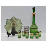Excellent Vintage Mid Century Green Bohemian Crystal Decanter Set w/Glasses & Carnival Glass Bowl