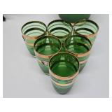 Excellent Vintage Mid Century Green Bohemian Crystal Decanter Set w/Glasses & Carnival Glass Bowl