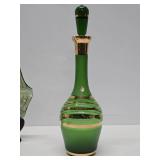 Excellent Vintage Mid Century Green Bohemian Crystal Decanter Set w/Glasses & Carnival Glass Bowl