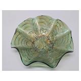 Excellent Vintage Mid Century Green Bohemian Crystal Decanter Set w/Glasses & Carnival Glass Bowl