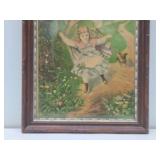 Nicely Framed Antique Victorian Litho Print w/Young Girl & Dog