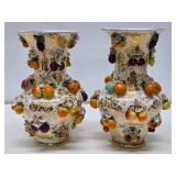 Lovely Pair of Antique Fruit Encrusted Porcelain Vases