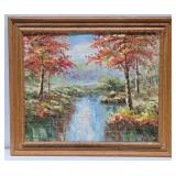 Framed Signed Vintage Oil on Canvas Landscape Forest Stream Painting