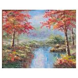 Framed Signed Vintage Oil on Canvas Landscape Forest Stream Painting