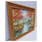 Framed Signed Vintage Oil on Canvas Landscape Forest Stream Painting