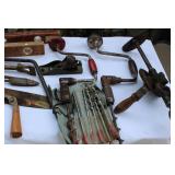 Vintage Hand Tools Lot – Includes Hand Drills, Levels, Files, and Copper-Tipped Soldering Iron